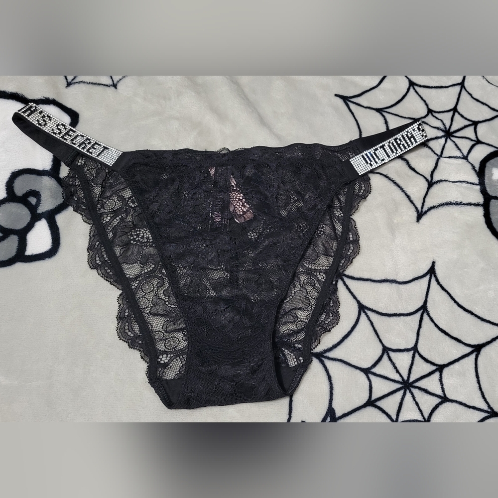 Victorias Secret Panty Bikini Shine Strap Logo Rhinestone Bling black size L